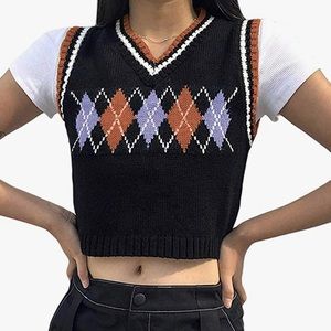 Women Argyle Plaid Knitted Sweater Vest Streetwear Preppy V Neck Crop Knitwear